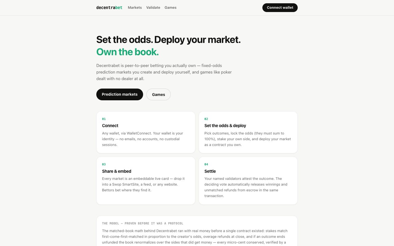 The live Decentrabet website: 'Set the odds. Deploy your market. Own the book.', with Prediction markets and Games buttons and the steps Connect and Set the odds & deploy