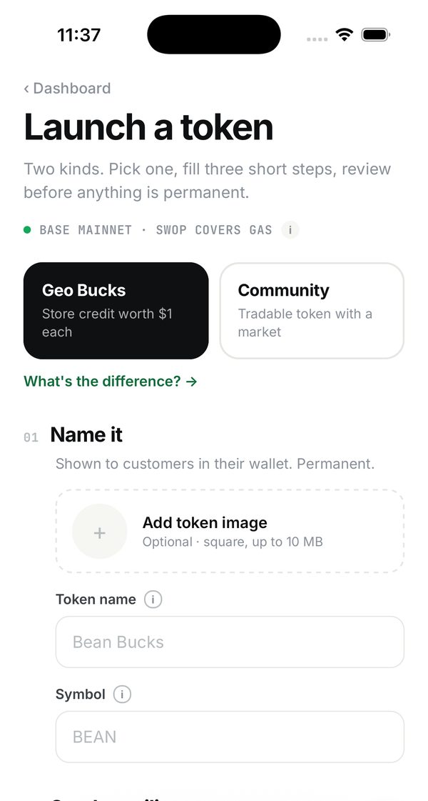 Swop Launchpad: choose Geo Bucks or a community token, name it and set the ceiling