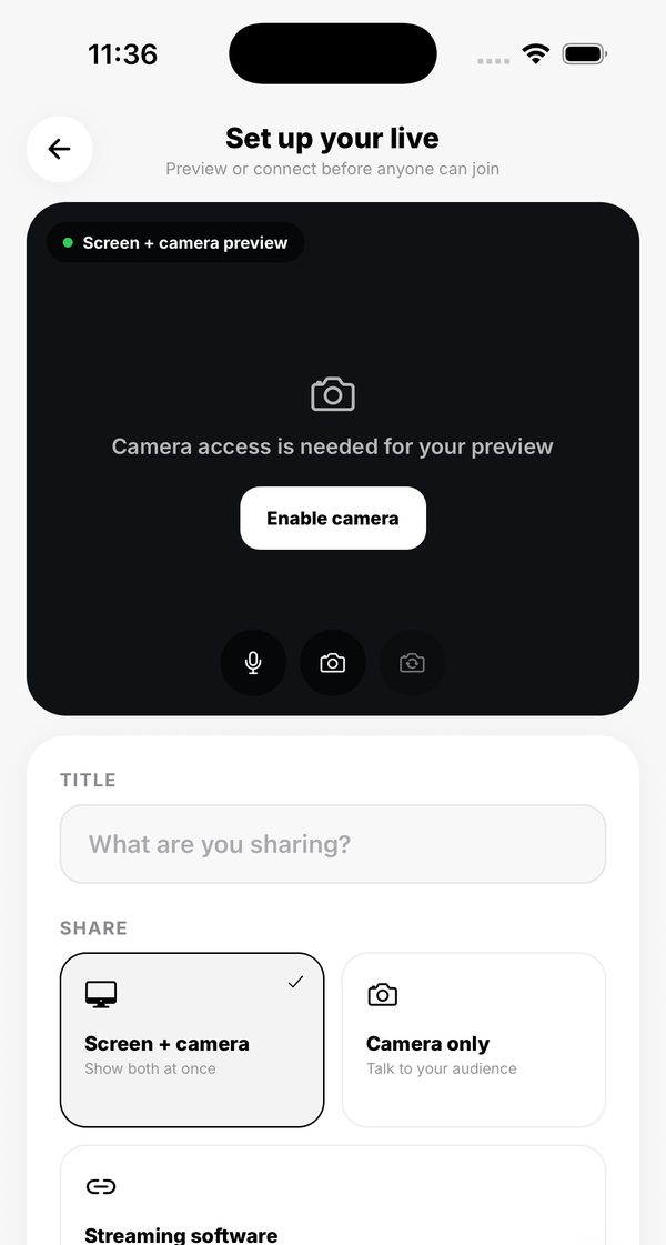 The real Swop Live setup screen: camera preview, title, share options and streaming software