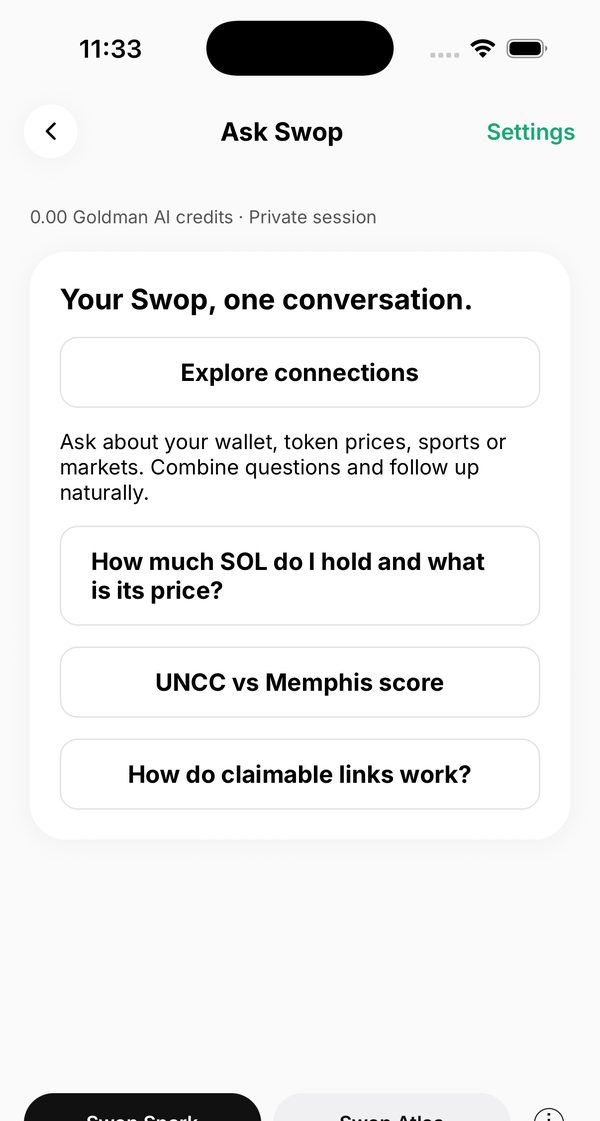 The real Ask Swop chat screen showing the AI credits balance