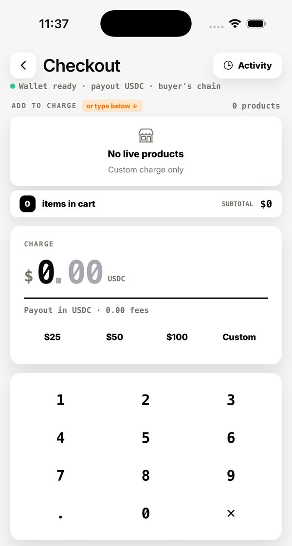 In-person Checkout keypad in the Swop app charging in USDC