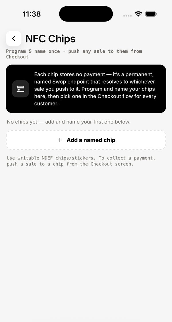 NFC Chips screen in the Swop app: program a chip so a tap opens checkout
