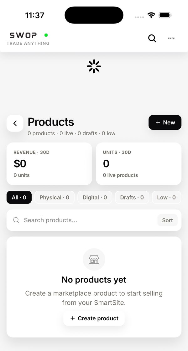 Products dashboard in the Swop app with revenue, units sold and a Create product button