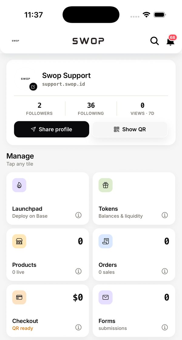 The Manage dashboard in the Swop app: Launchpad, Tokens, Products, Orders, Checkout, Forms and Analytics