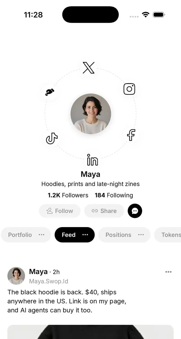 Maya's SmartSite profile in the Swop app (example data)