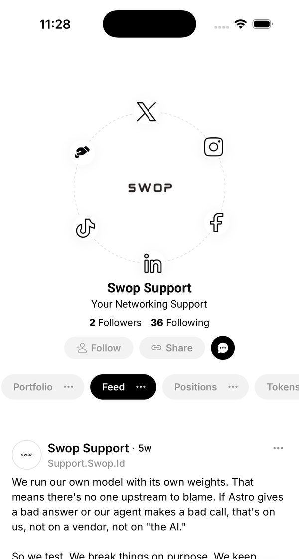 A SmartSite profile in the Swop app with a ring of social links around the logo