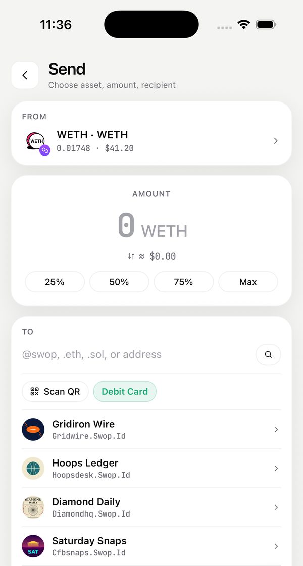 Swop Send screen: choose a token, an amount and a swop.id to pay