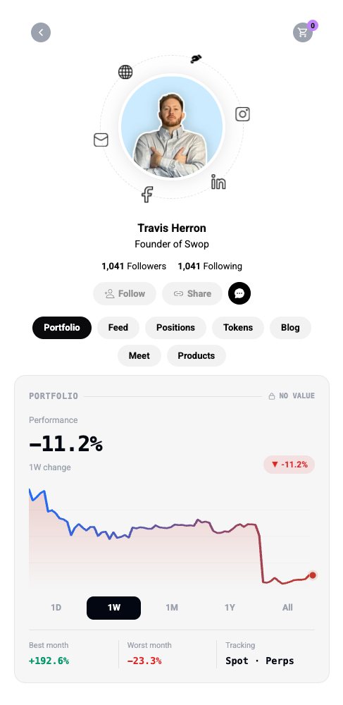 travis.swop.id on the web: profile photo, links ring, follower counts and tabs for Portfolio, Feed, Positions, Tokens, Blog, Meet and Products