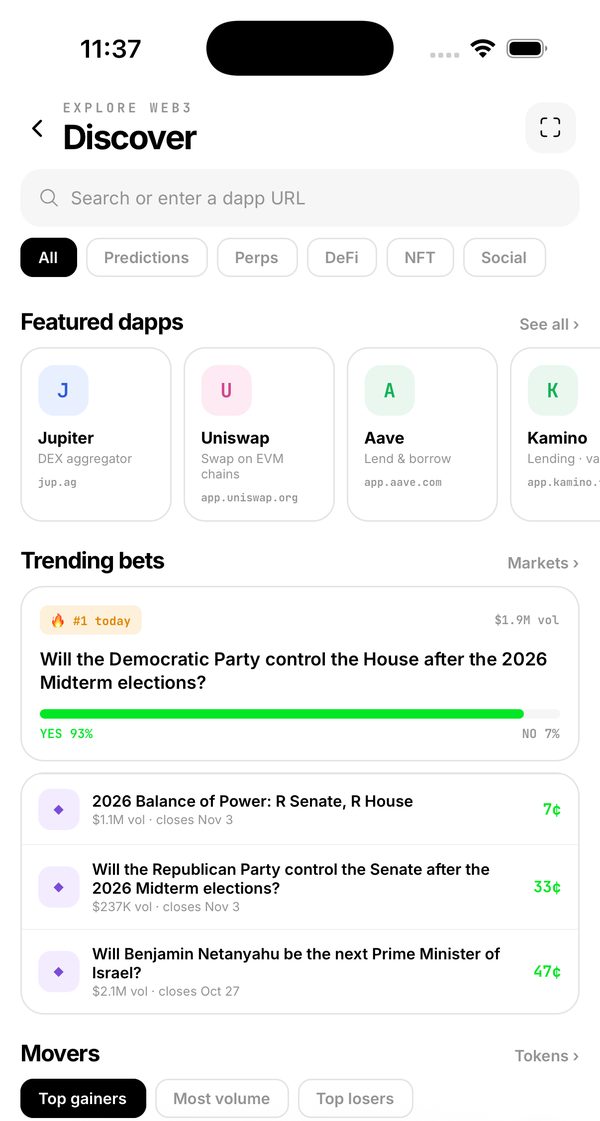 Swop Discover: featured apps, trending prediction markets and top movers