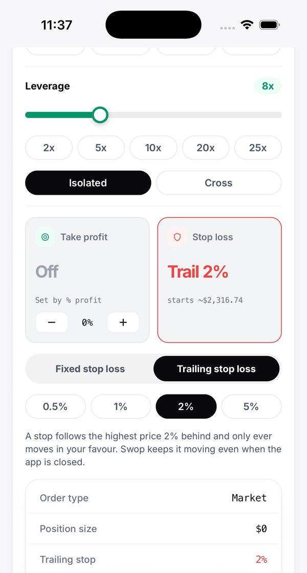 Swop perps order screen showing a trailing stop, position size, liquidation price and fees