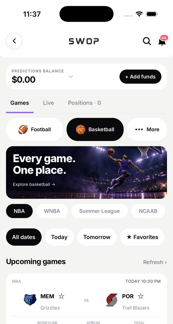 Predictions screen: games by league with upcoming NBA matchups and prices