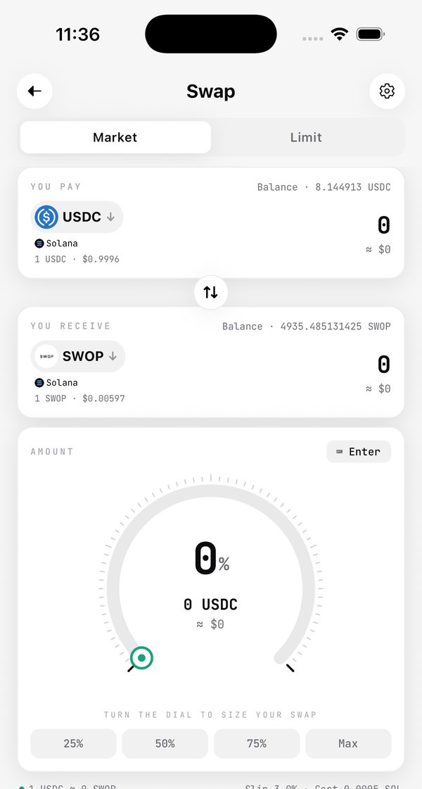 The real Swop swap screen, swapping USDC for SWOP